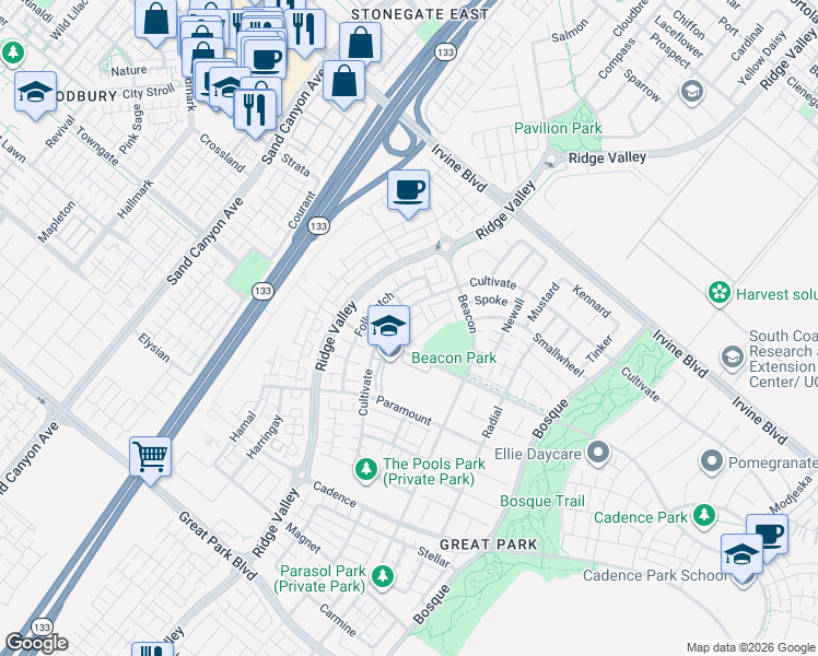 map of restaurants, bars, coffee shops, grocery stores, and more near 143 Fixie in Irvine