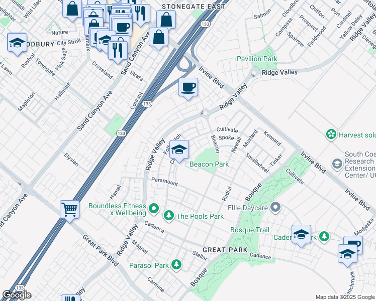 map of restaurants, bars, coffee shops, grocery stores, and more near 135 Fixie in Irvine