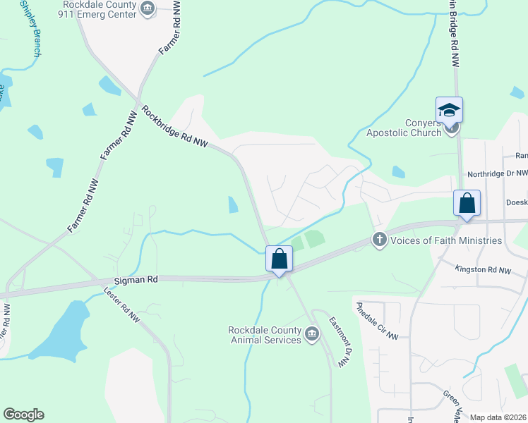 map of restaurants, bars, coffee shops, grocery stores, and more near 1755 Rockbridge Road Northwest in Conyers