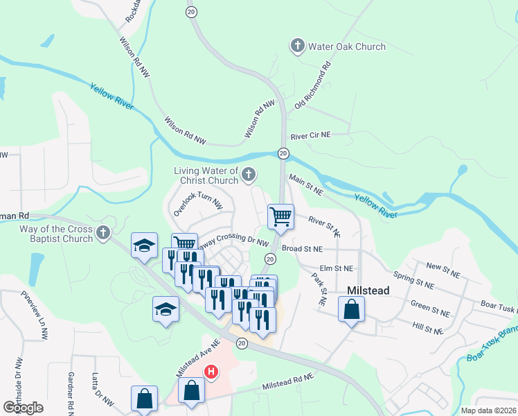 map of restaurants, bars, coffee shops, grocery stores, and more near 1765 Yellow Street Northwest in Conyers