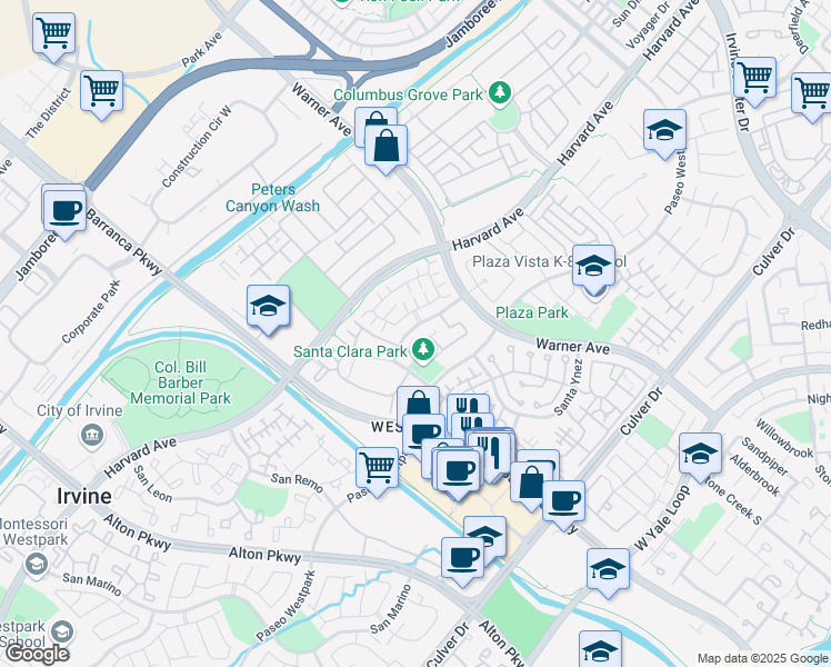 map of restaurants, bars, coffee shops, grocery stores, and more near 1502 Reggio Aisle in Irvine