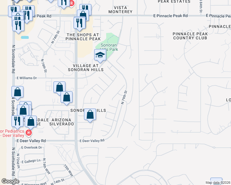 map of restaurants, bars, coffee shops, grocery stores, and more near 22412 North 77th Way in Scottsdale