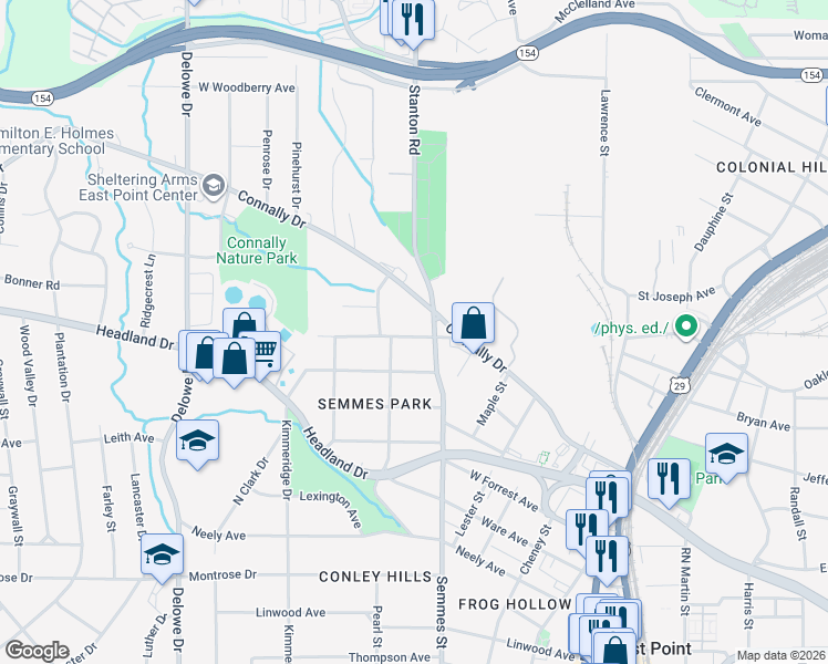 map of restaurants, bars, coffee shops, grocery stores, and more near 1833 Grove Avenue in East Point