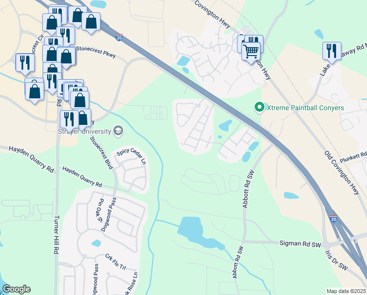 map of restaurants, bars, coffee shops, grocery stores, and more near 7751 Haynes Park Circle in Stonecrest