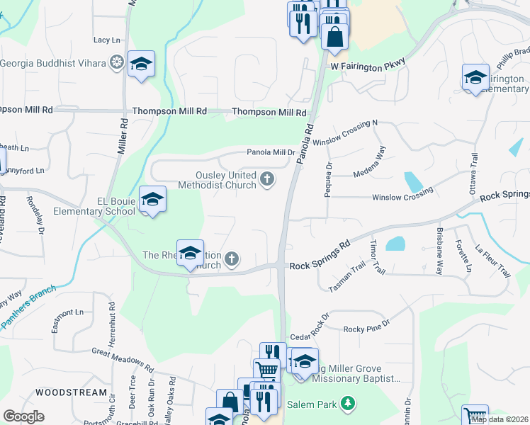 map of restaurants, bars, coffee shops, grocery stores, and more near 3319 Panola Road in Stonecrest