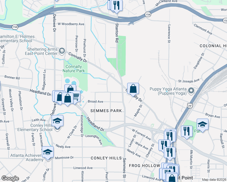 map of restaurants, bars, coffee shops, grocery stores, and more near 1833 Grove Avenue in East Point