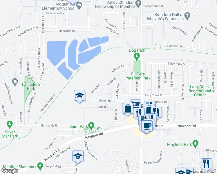 map of restaurants, bars, coffee shops, grocery stores, and more near 29706 Avida Drive in Menifee