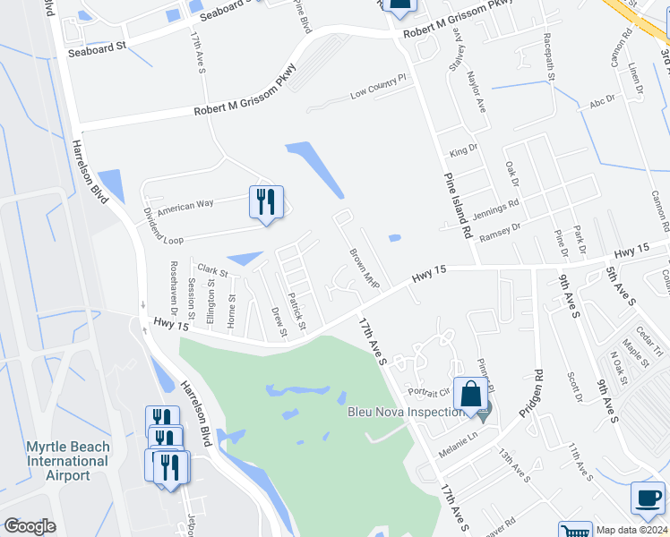 map of restaurants, bars, coffee shops, grocery stores, and more near 1214 Estepa Court in Myrtle Beach