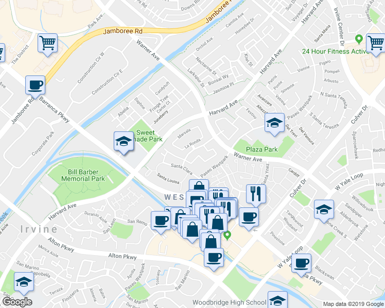 map of restaurants, bars, coffee shops, grocery stores, and more near 1502 Reggio Aisle in Irvine
