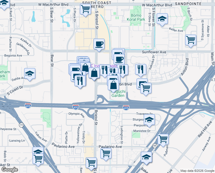 map of restaurants, bars, coffee shops, grocery stores, and more near 686 Anton Boulevard in Costa Mesa