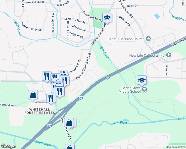map of restaurants, bars, coffee shops, grocery stores, and more near 3247 Sugar Creek Trce in Atlanta