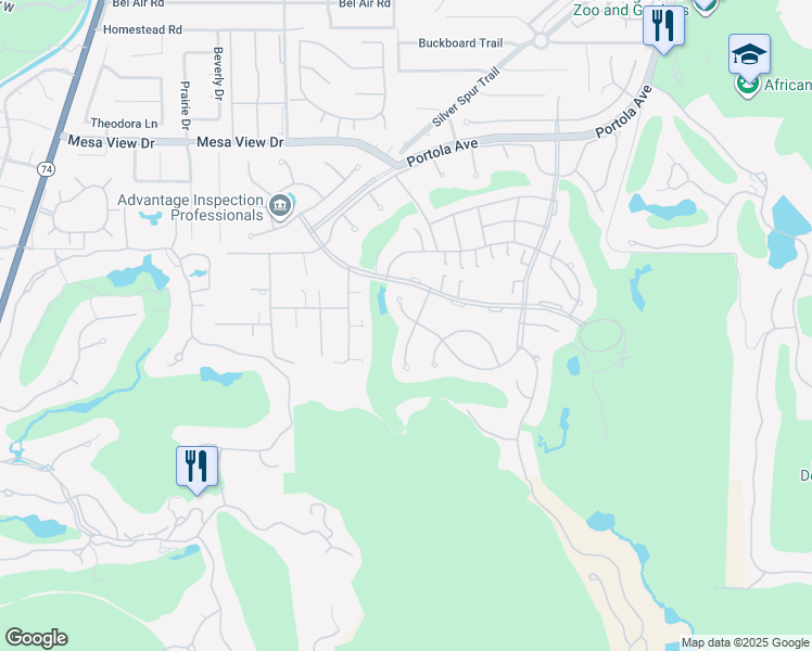 map of restaurants, bars, coffee shops, grocery stores, and more near 73321 Mariposa Drive in Palm Desert