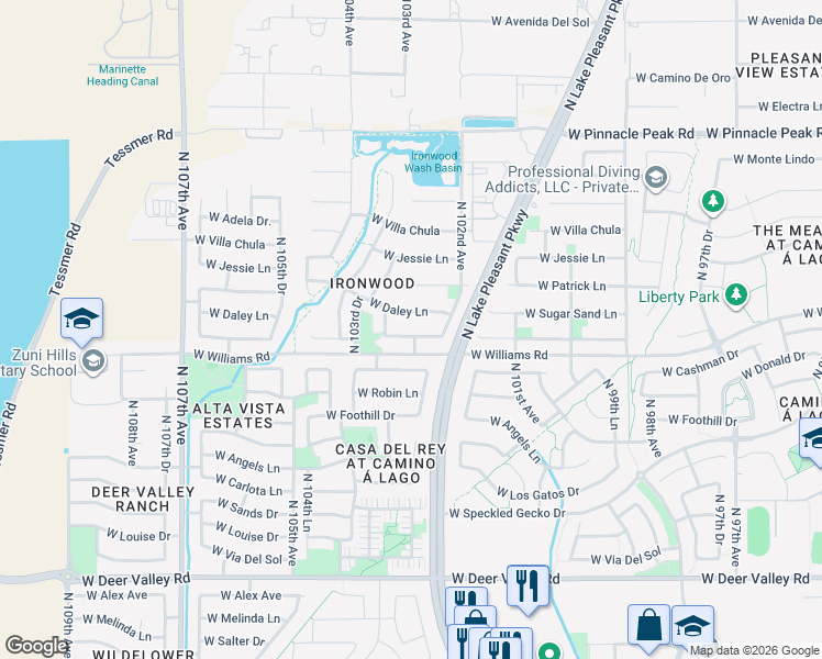 map of restaurants, bars, coffee shops, grocery stores, and more near 10237 West Daley Lane in Peoria