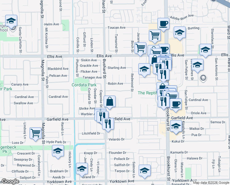 map of restaurants, bars, coffee shops, grocery stores, and more near 9582 Nightingale Avenue in Fountain Valley
