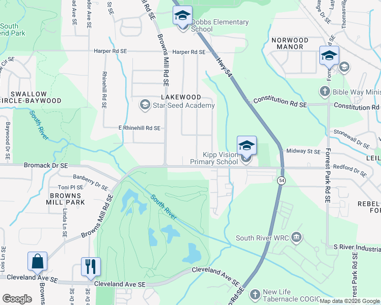 map of restaurants, bars, coffee shops, grocery stores, and more near 2363 Burroughs Avenue Southeast in Atlanta
