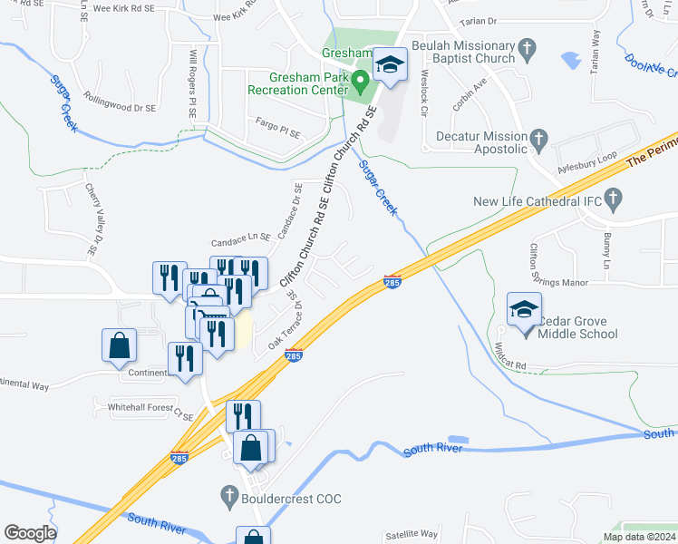 map of restaurants, bars, coffee shops, grocery stores, and more near 3247 Sugar Creek Trce in Atlanta