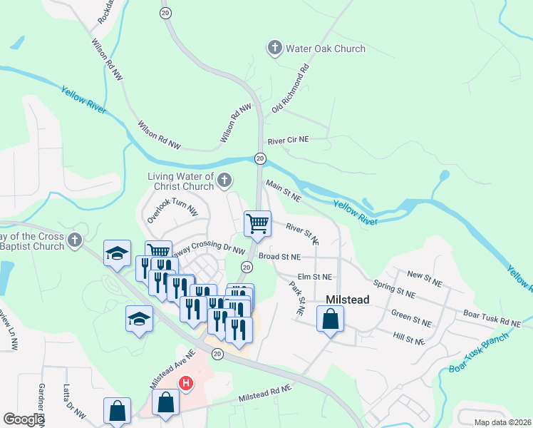 map of restaurants, bars, coffee shops, grocery stores, and more near 1976 River Street Northeast in Conyers