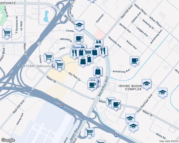 map of restaurants, bars, coffee shops, grocery stores, and more near 17752 Sky Park Circle in Irvine