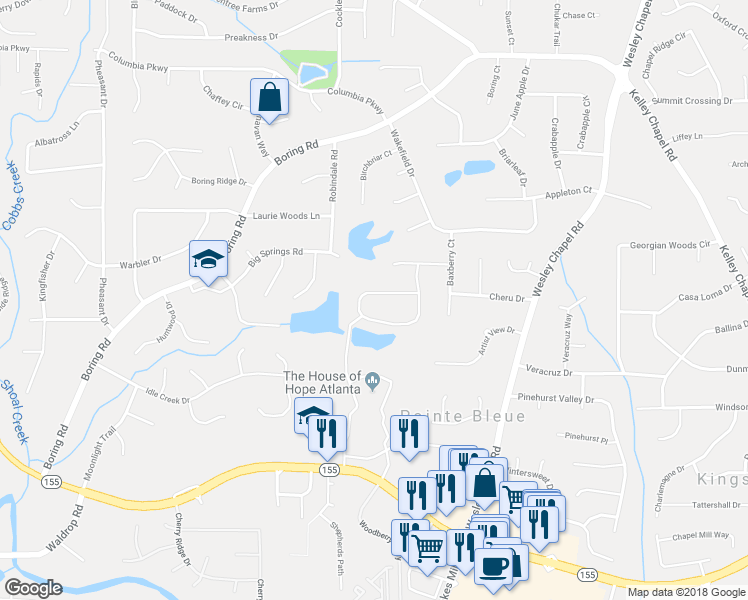 map of restaurants, bars, coffee shops, grocery stores, and more near 3343 Harvester Woods Road in Decatur