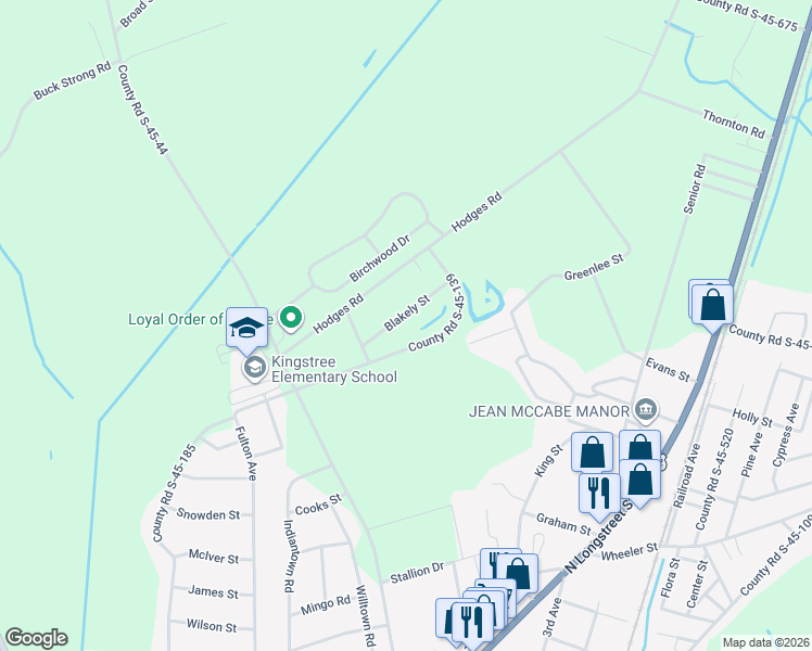 map of restaurants, bars, coffee shops, grocery stores, and more near 49 Blakely Street in Kingstree