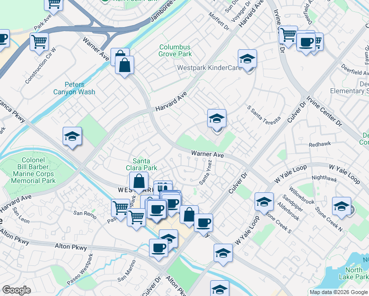 map of restaurants, bars, coffee shops, grocery stores, and more near 3709 Warner Avenue in Irvine