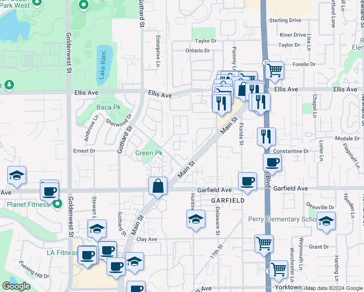 map of restaurants, bars, coffee shops, grocery stores, and more near 18756 Park Brook Lane in Huntington Beach