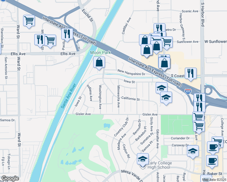 map of restaurants, bars, coffee shops, grocery stores, and more near 3266 California Street in Costa Mesa