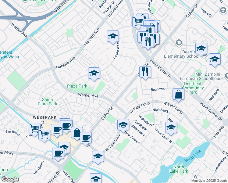 map of restaurants, bars, coffee shops, grocery stores, and more near 12 Del Cambrea in Irvine