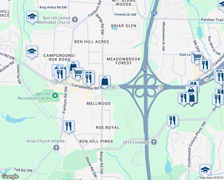 map of restaurants, bars, coffee shops, grocery stores, and more near 3550 Campbellton Road Southwest in Atlanta