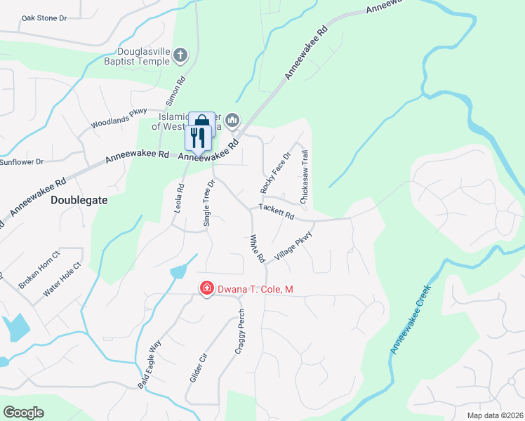 map of restaurants, bars, coffee shops, grocery stores, and more near 3685 Tackett Road in Douglasville