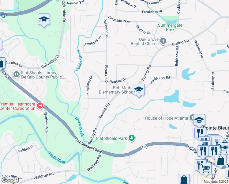 map of restaurants, bars, coffee shops, grocery stores, and more near 3424 Boring Road in Decatur