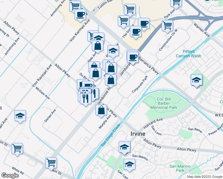 map of restaurants, bars, coffee shops, grocery stores, and more near 16899 Jamboree Road in Irvine