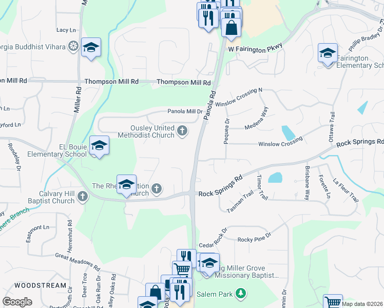 map of restaurants, bars, coffee shops, grocery stores, and more near 3309 Panola Road in Stonecrest