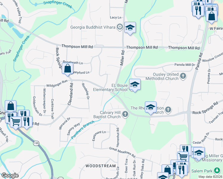map of restaurants, bars, coffee shops, grocery stores, and more near 5042 Rock Springs Road in Stonecrest