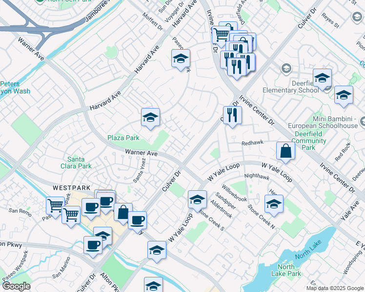 map of restaurants, bars, coffee shops, grocery stores, and more near 12 Del Cambrea in Irvine