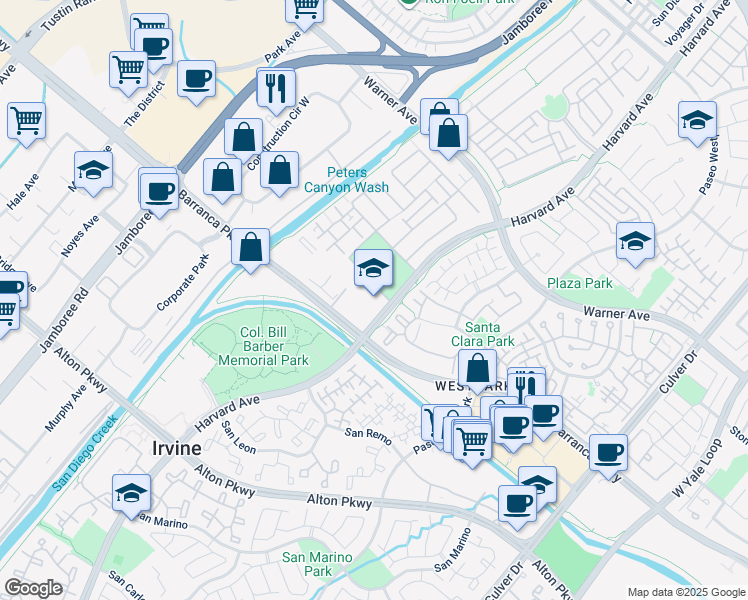 map of restaurants, bars, coffee shops, grocery stores, and more near 3387 Barranca Parkway in Irvine