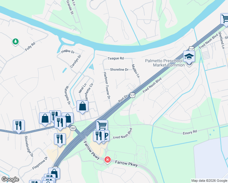 map of restaurants, bars, coffee shops, grocery stores, and more near 1257 Viking Drive in Myrtle Beach
