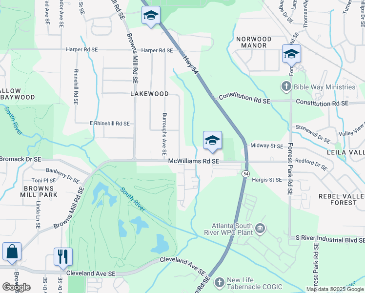 map of restaurants, bars, coffee shops, grocery stores, and more near 2344 Carey Drive Southeast in Atlanta