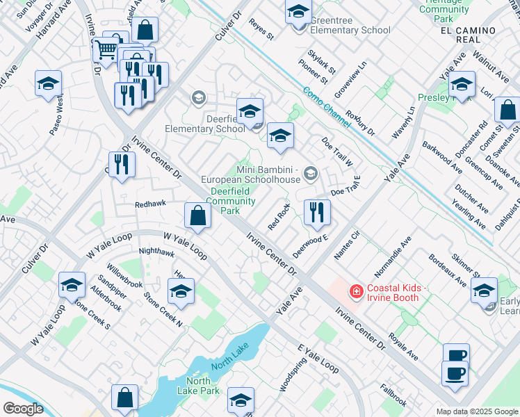 map of restaurants, bars, coffee shops, grocery stores, and more near 39 Foxhill in Irvine