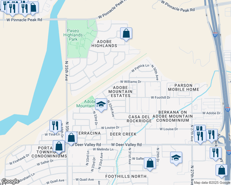 map of restaurants, bars, coffee shops, grocery stores, and more near 3148 West Robin Lane in Phoenix