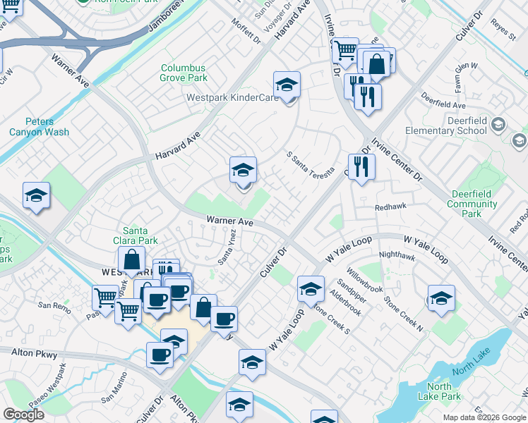 map of restaurants, bars, coffee shops, grocery stores, and more near 39 Del Carlo in Irvine