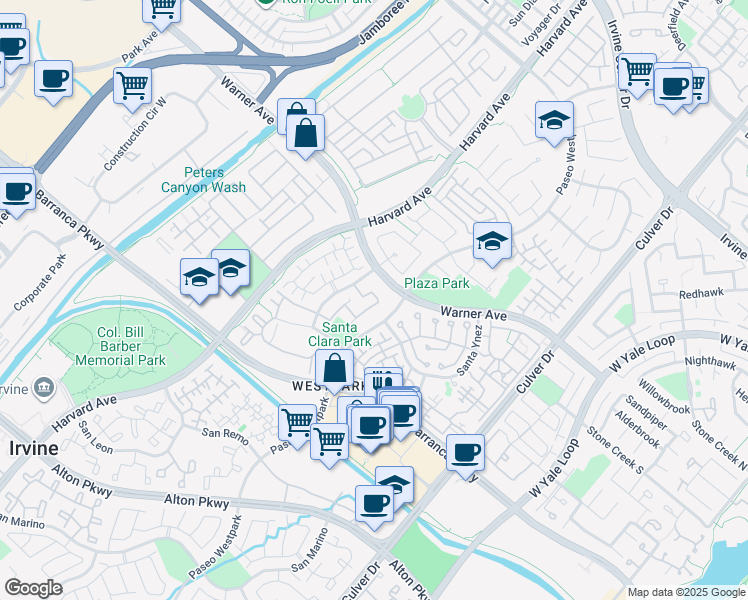 map of restaurants, bars, coffee shops, grocery stores, and more near 1101 Reggio Aisle in Irvine