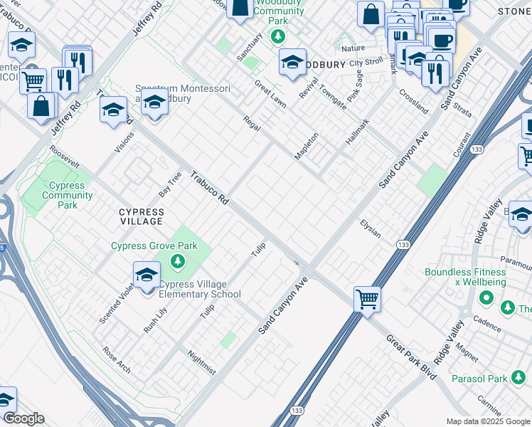 map of restaurants, bars, coffee shops, grocery stores, and more near 27 Constantine in Irvine
