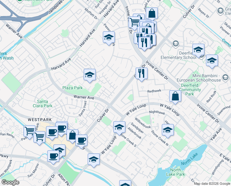 map of restaurants, bars, coffee shops, grocery stores, and more near 35 Del Cambrea in Irvine