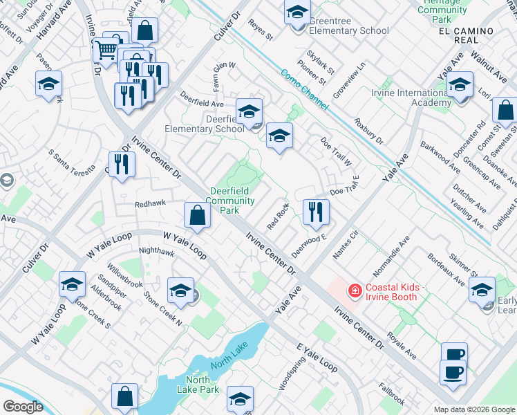 map of restaurants, bars, coffee shops, grocery stores, and more near 39 Foxhill in Irvine