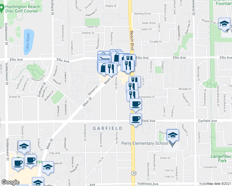 map of restaurants, bars, coffee shops, grocery stores, and more near 18789 Florida Street in Huntington Beach