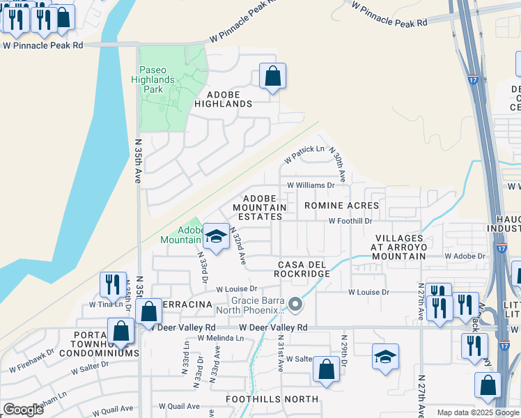 map of restaurants, bars, coffee shops, grocery stores, and more near 3148 West Robin Lane in Phoenix