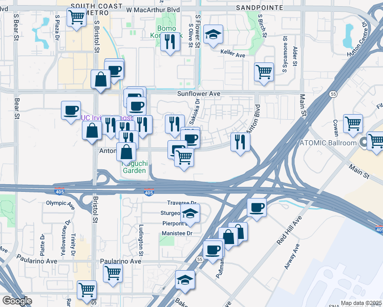 map of restaurants, bars, coffee shops, grocery stores, and more near in Costa Mesa