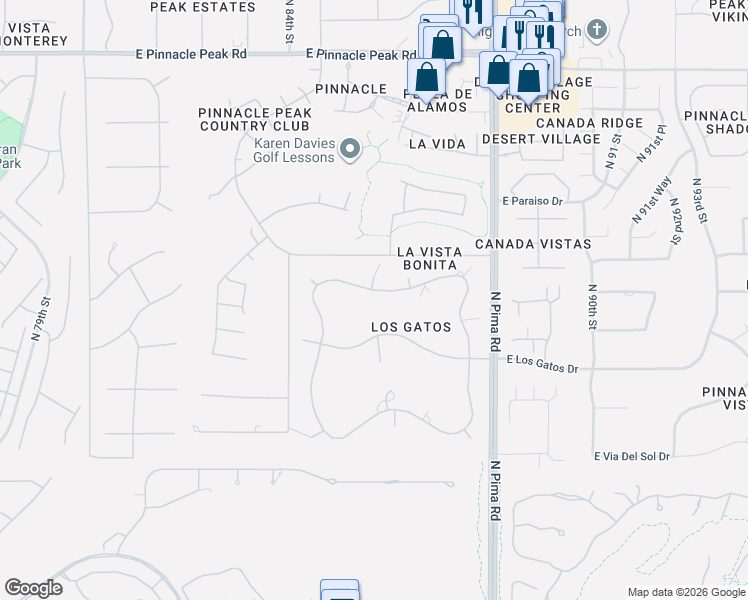 map of restaurants, bars, coffee shops, grocery stores, and more near 8537 East Via Montoya in Scottsdale