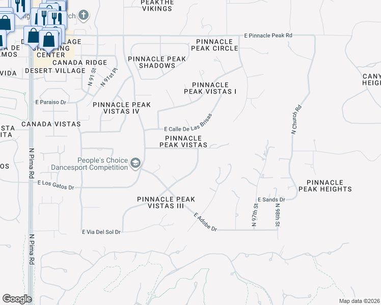 map of restaurants, bars, coffee shops, grocery stores, and more near 9455 East Via Montoya in Scottsdale